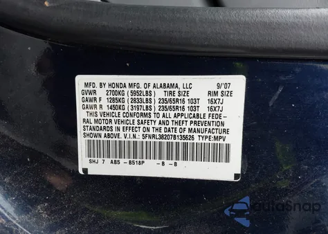 2007 Honda Odyssey Lx from USA, damaged, VIN 5FNRL38207B135626